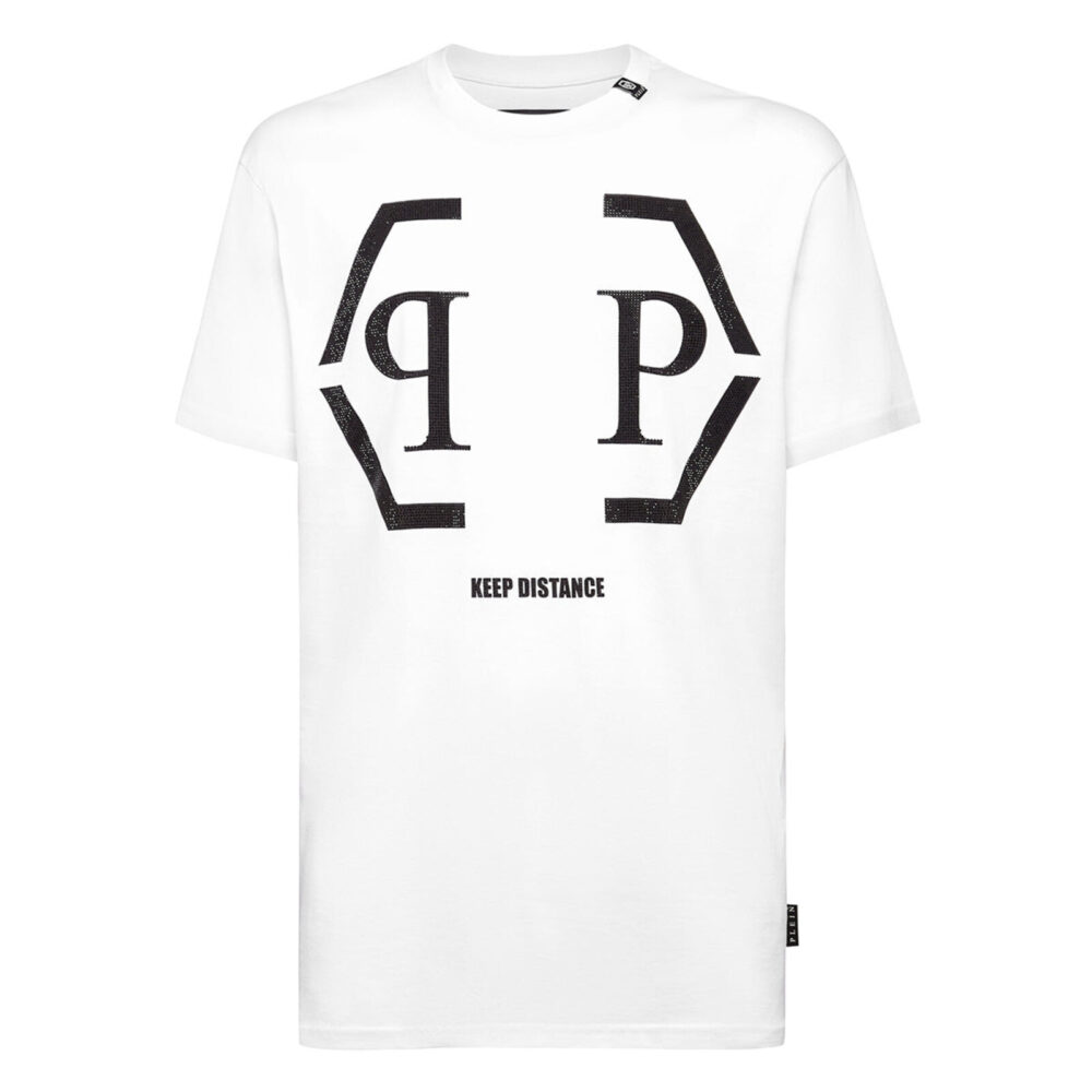 Philipp Plein Rhinestone Logo Hexagon T-Shirt in White